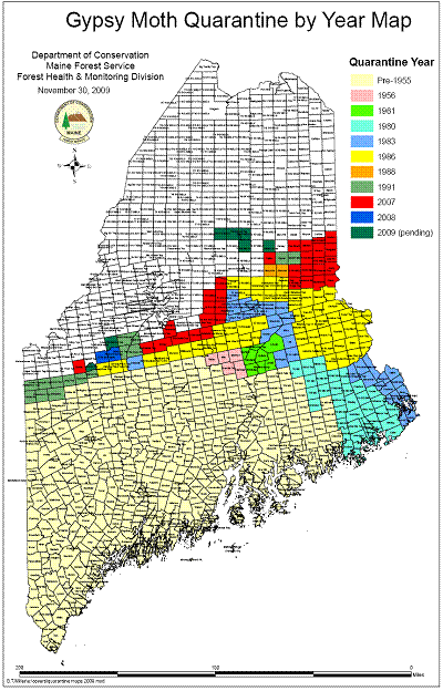 Map of Gypsy Moth Quarantine Area in Maine by Year Quarantined